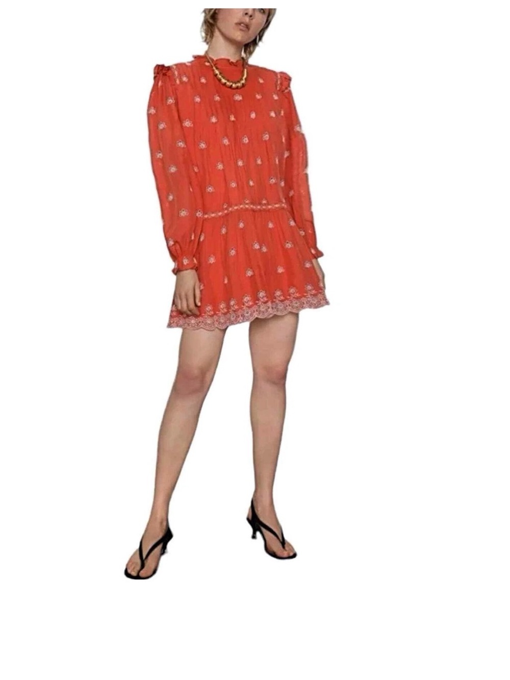 Zara coral Red burnt orange Embroidered Long Sleeve eyelet Mini Dress - L